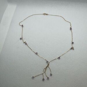 10K Yellow Gold Faceted Amethyst Bead Station Necklace w/Lariat - 16”